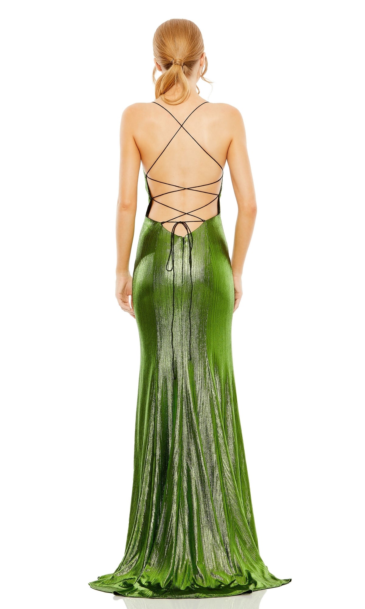 A woman with tied-back hair models the Mac Duggal 27061 Strappy-Back Metallic Prom Gown, showcasing its crisscross straps and open back while standing against a white background.